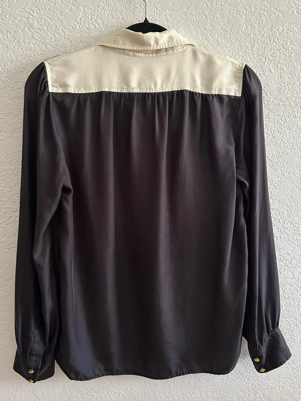 Tory Burch Black Floral Print Collared Half Button Long Sleeve Silk Blouse Top